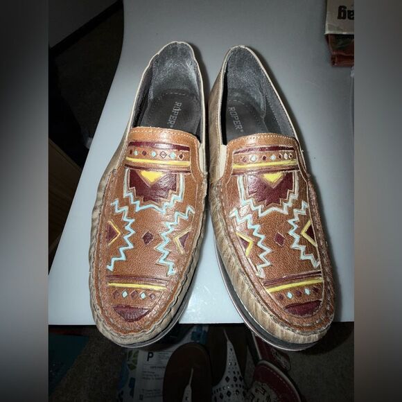 Roper Western Brown and Yellow Loafers Slip-Ons with Decorative Accents - Picture 1 of 5